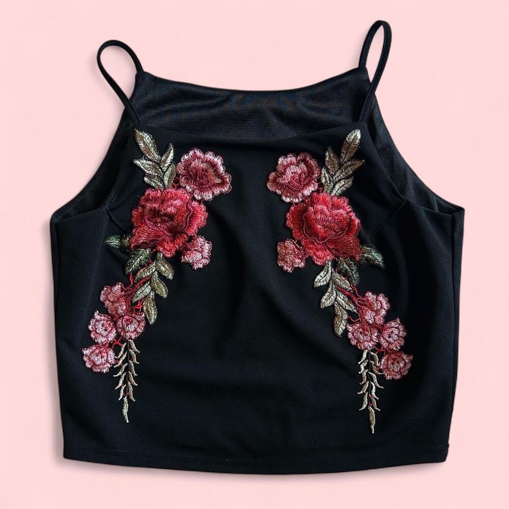 Black embroidered floral cami top